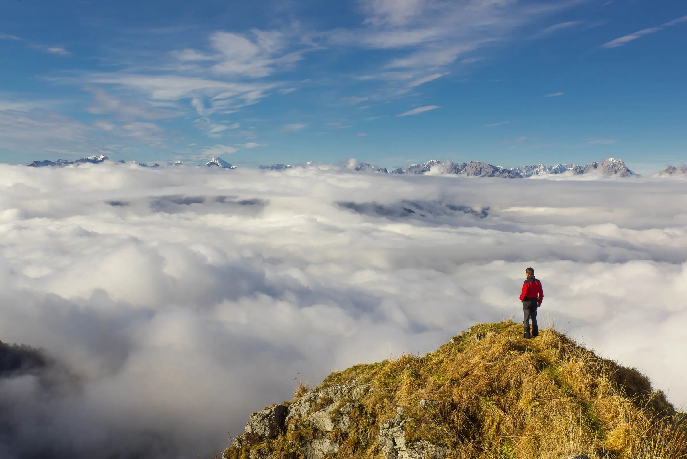 Eine Person steht auf einem Gipfel über einem weiten Nebelmeer in den Alpen.